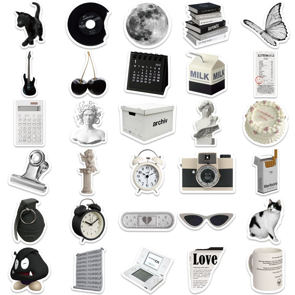 Simple Style Black and White Graffiti Notebook Stickers Cute Vinyl Sticker can Custom Design Die Cut for Suitcase Pen Guitar