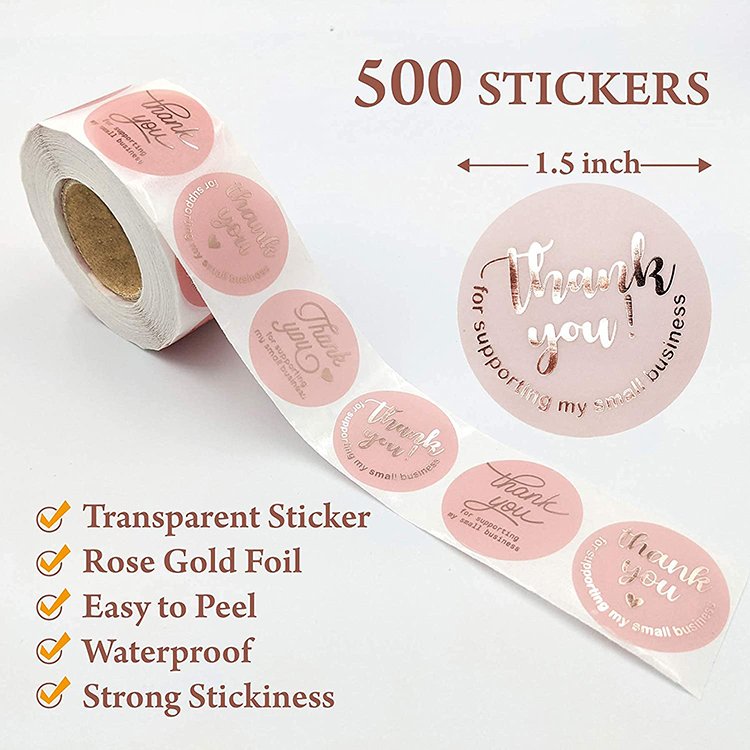 Foil Pink Business Thank You Stickers for Packaging Transparent Rose Gold Custom Adhesive Sticker Waterproof Stickers Accept