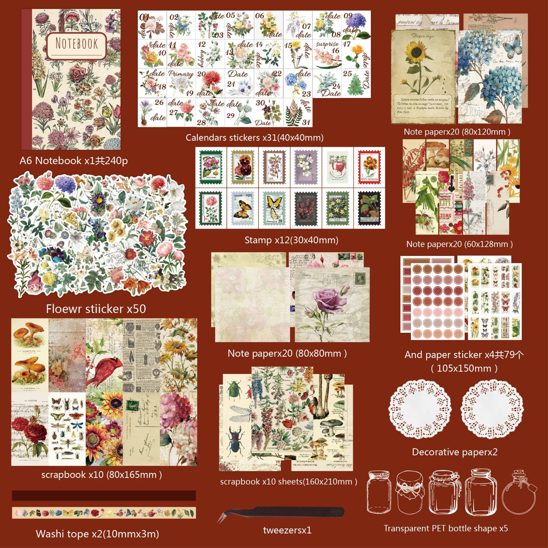 265P Vintage Scrapbooking Kit with A6 Notebook Journaling Supplies Scrapbook Craft Gift for Teens Kids Diy Journal kit