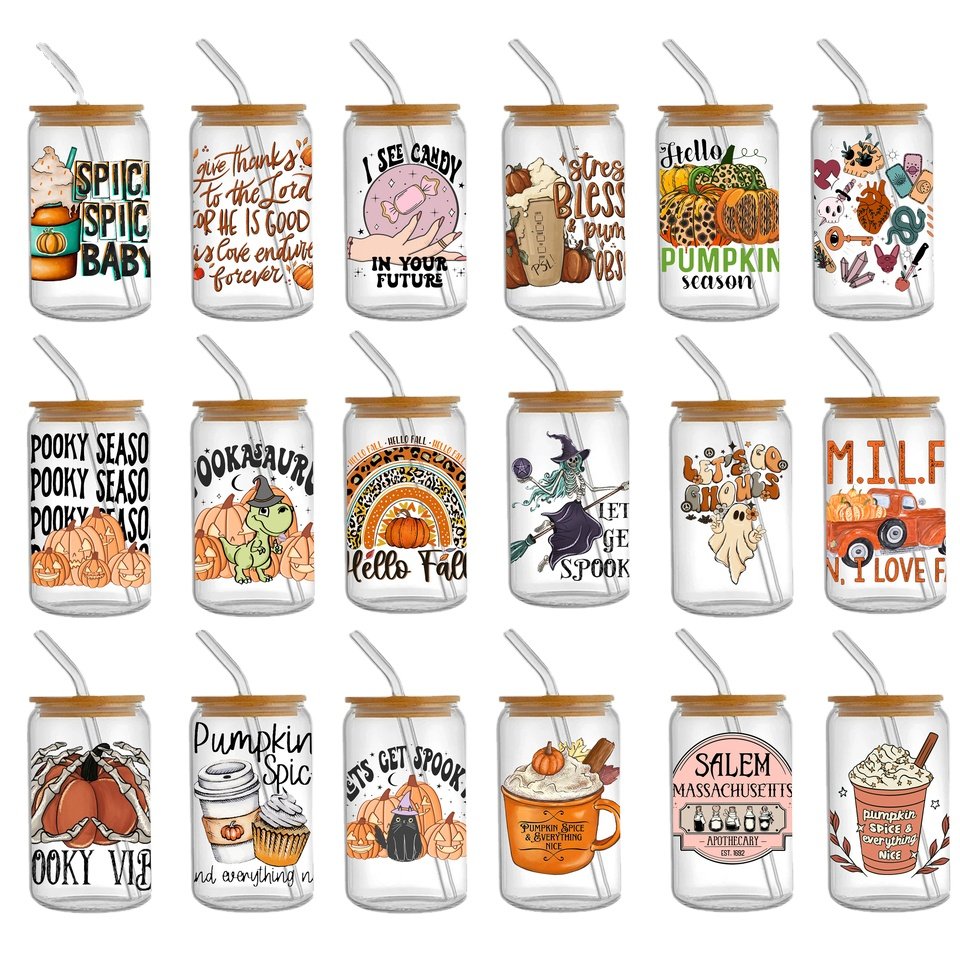Personalize Autumn Flower Pumpkin Thanksgiving Print UV DTF Sticker For 16oz Cups Can Wrap Transfer Sticker Custom Labels DIY
