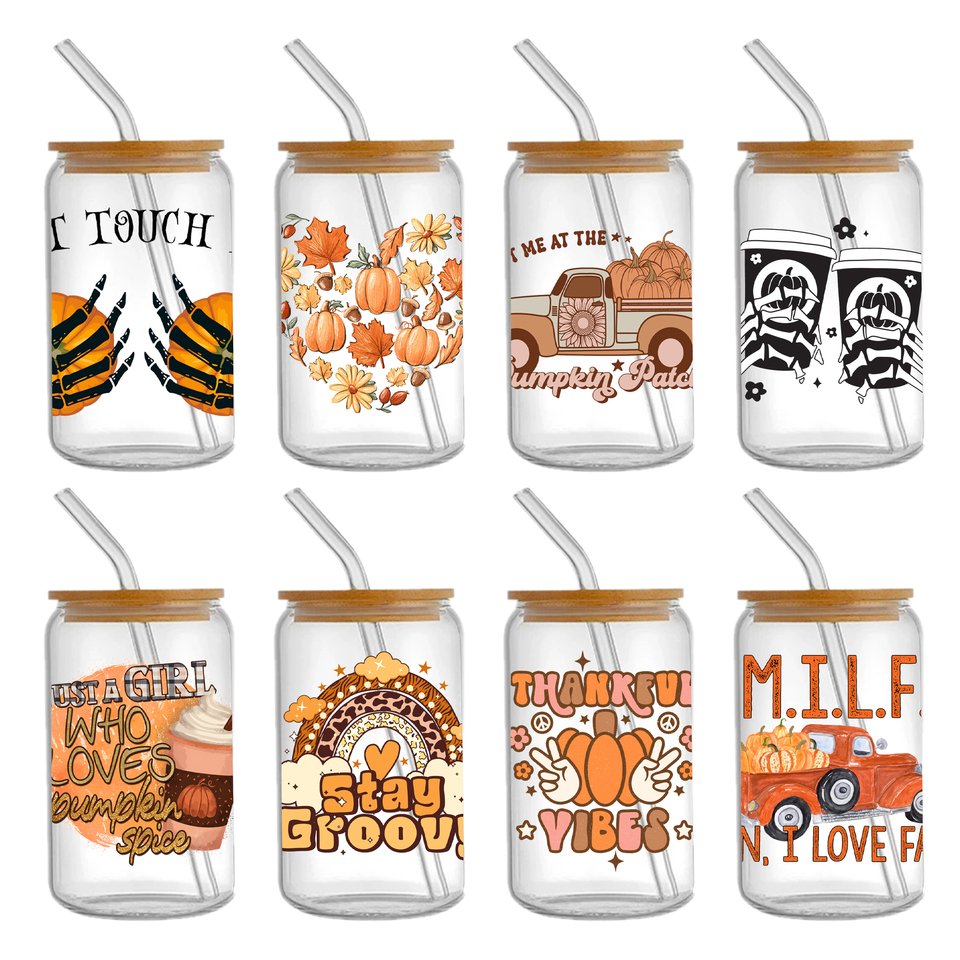 Personalize Autumn Flower Pumpkin Thanksgiving Print UV DTF Sticker For 16oz Cups Can Wrap Transfer Sticker Custom Labels DIY