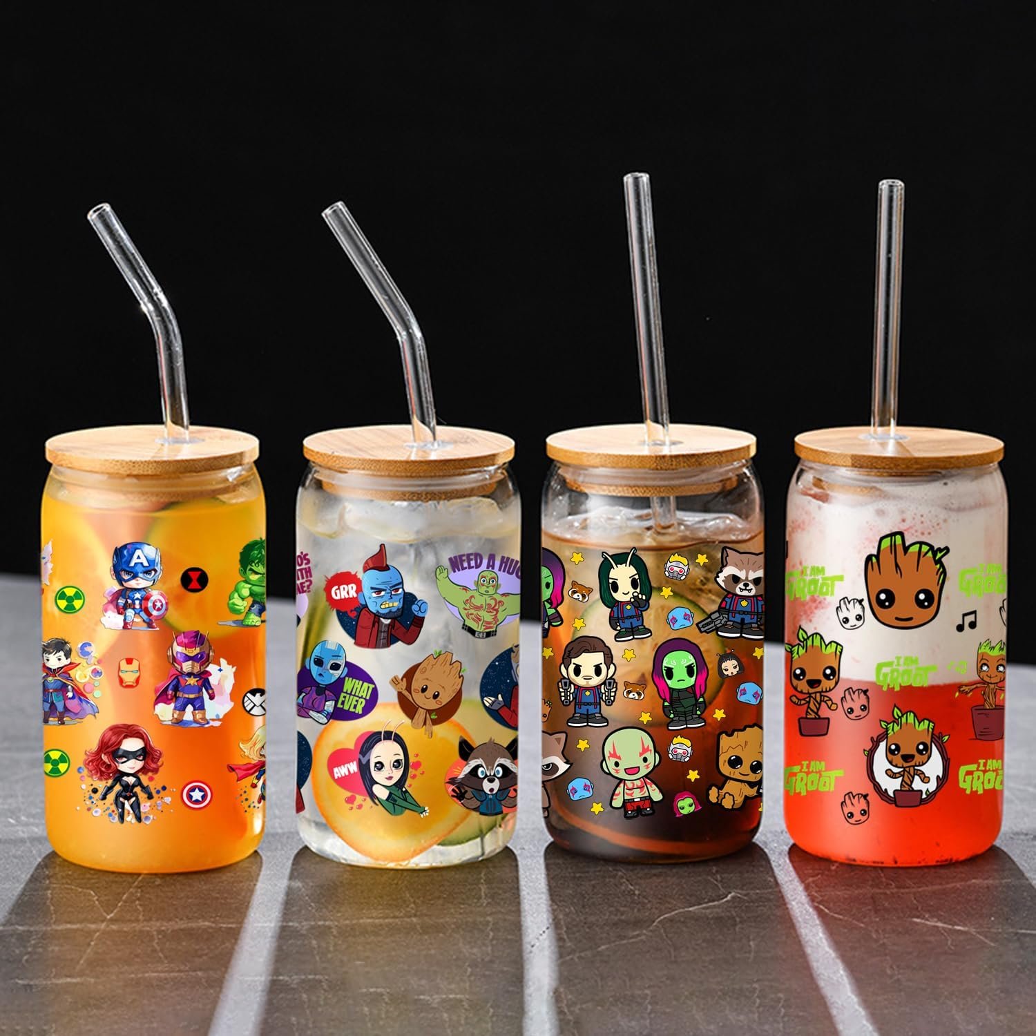 Avengers Groot Star Lord UV DTF Cup Wrap Transfer for Glass Cartoon Super Hero Cup Wrap Transfer Sticker for 16OZ Glass Cups DIY