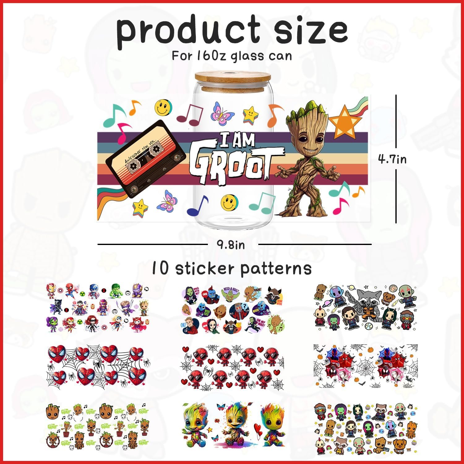 Avengers Groot Star Lord UV DTF Cup Wrap Transfer for Glass Cartoon Super Hero Cup Wrap Transfer Sticker for 16OZ Glass Cups DIY