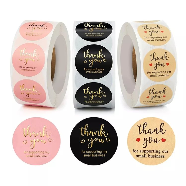 Wholesale printing sizes self adhesive round gold waterproof vinyl label custom kraft paper thank you stickers with logo