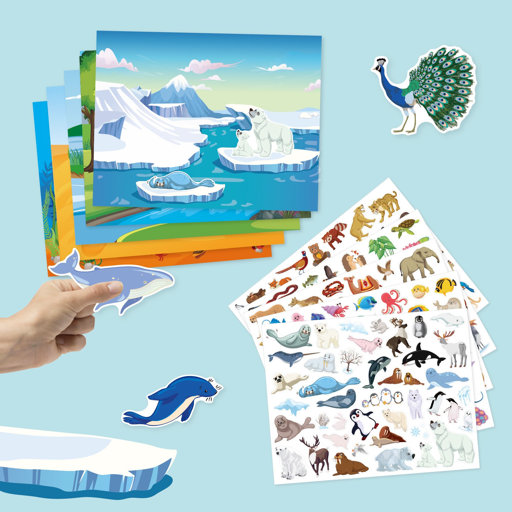 kids Reusable Sticker Pad set 5 scenes 200 Animal Activities Reusable Stickers Book big size Removable Sticker pad For Kids