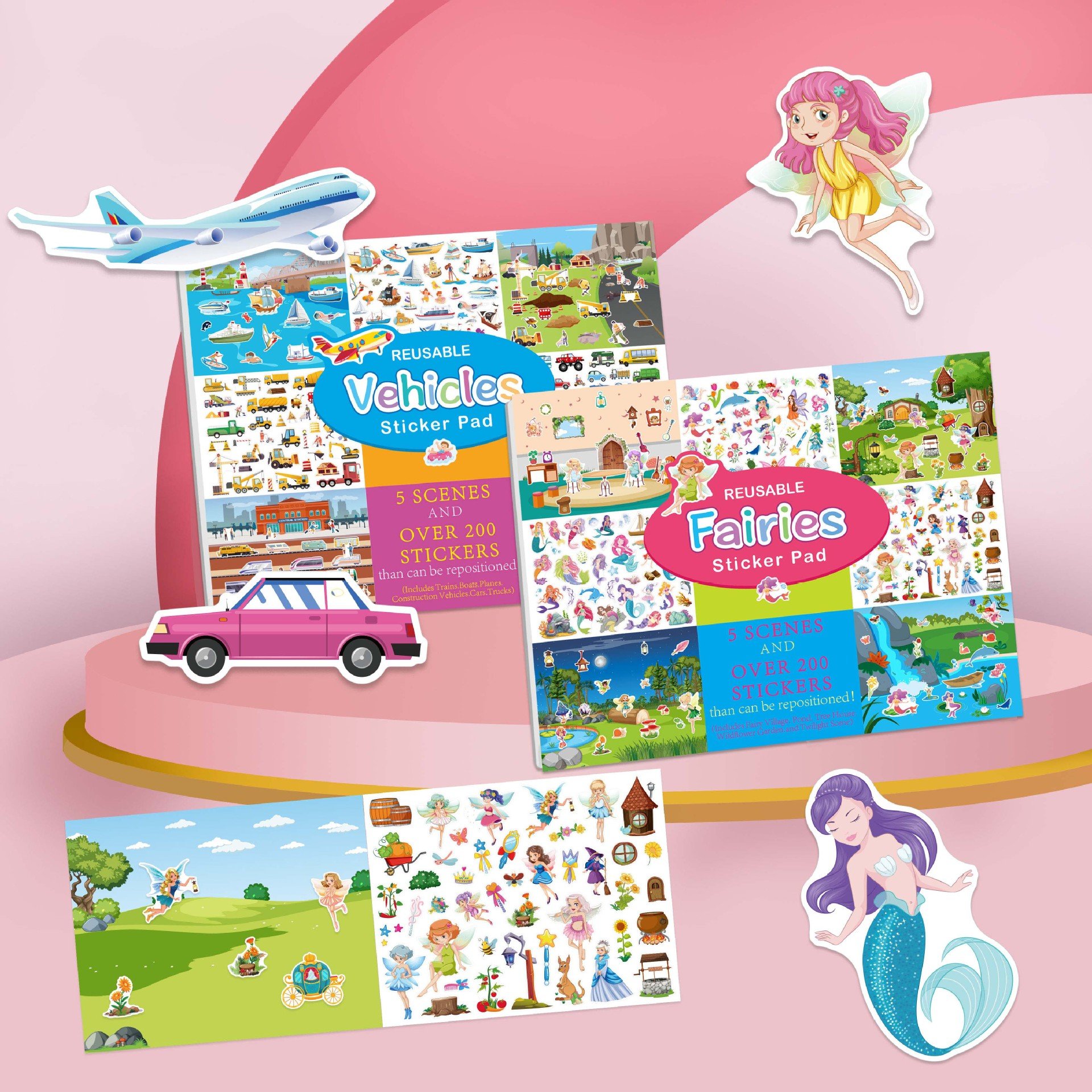 kids Reusable Sticker Pad set 5 scenes 200 Animal Activities Reusable Stickers Book big size Removable Sticker pad For Kids