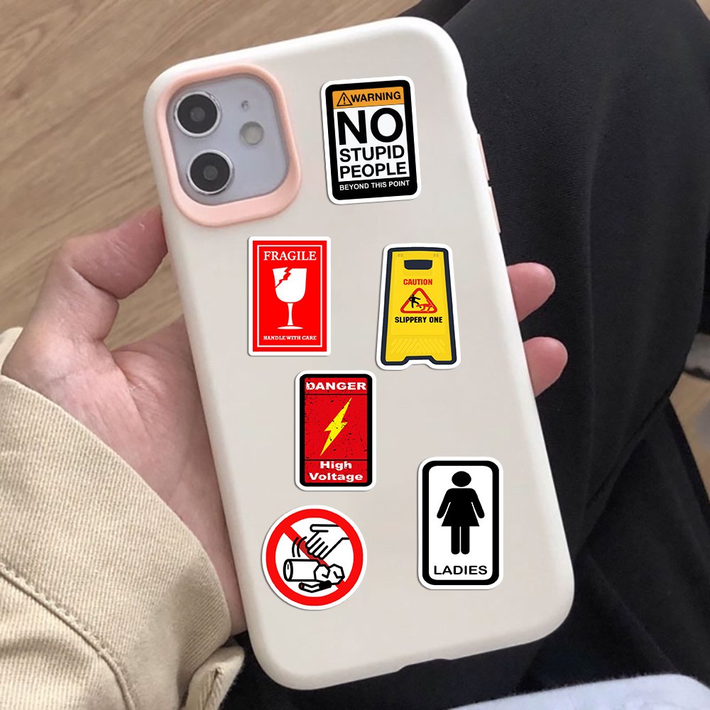 50pcs Warning Sign Sticker Waterproof Material Pvc Niche Style Fragile Product Custom Sticker Diy Laptop Phones And Cups