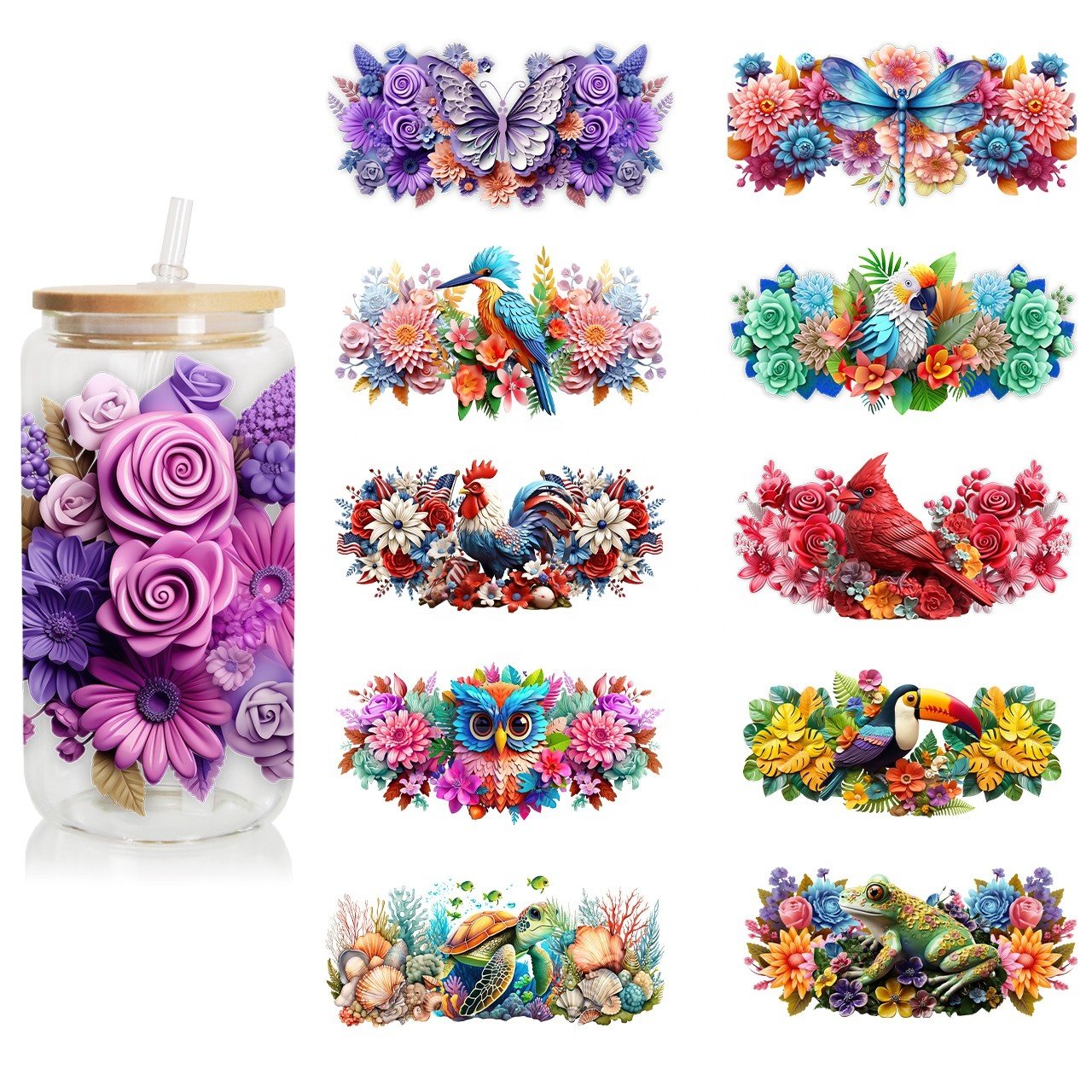 Factory custom 3D waterproof uv dtf sticker glass cup wrap transfers 16oz designs decals logo uv dtf cup wraps