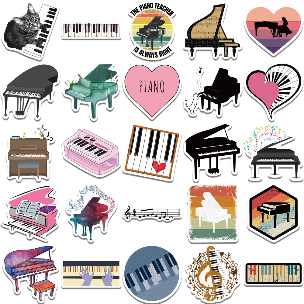 50pcs Piano Stickers Music Instrument Waterproof Decals for Water Bottles Laptop Refrigerator Luggage Computer Phone Sticker