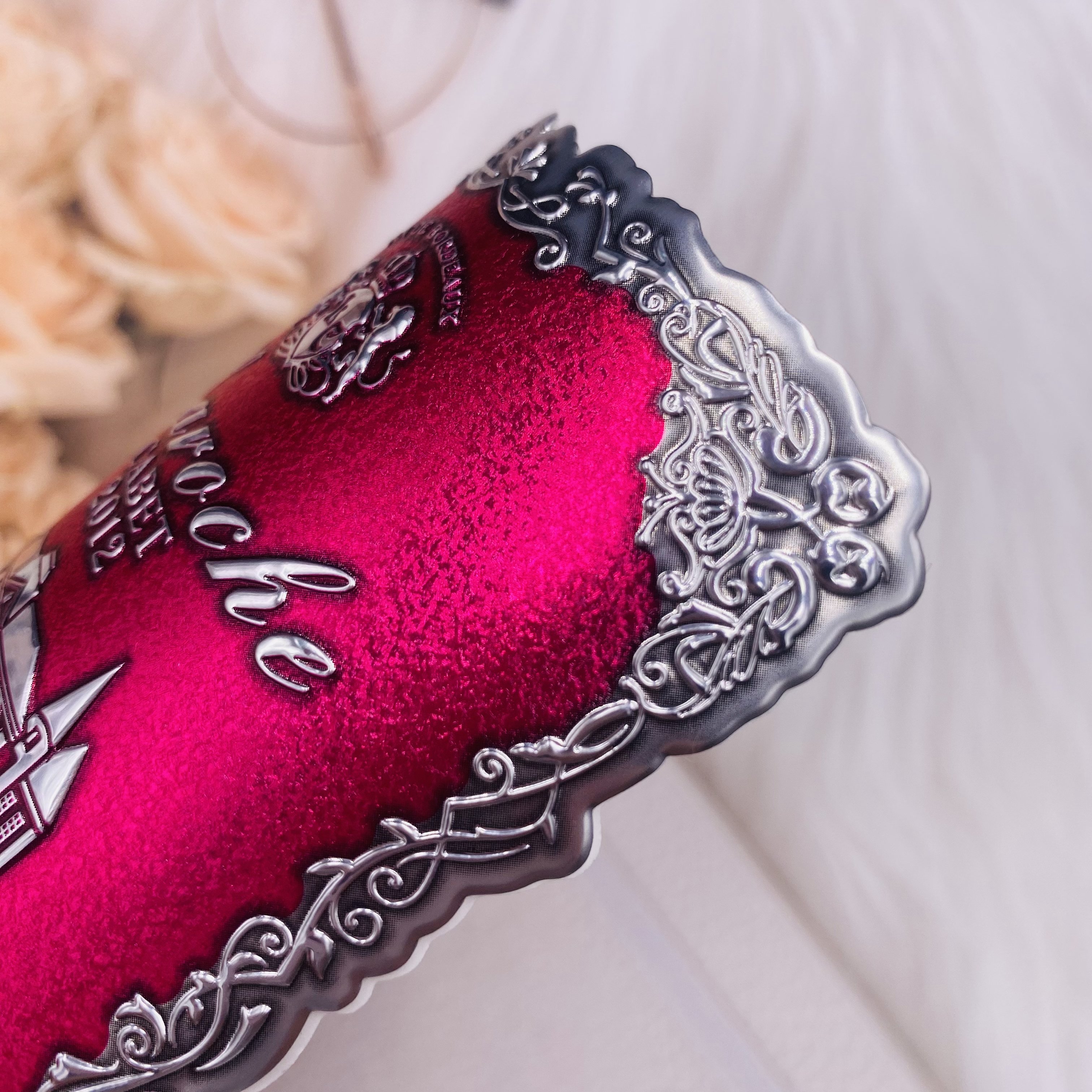 Custom Embossed 3D Wine Rose Red Exquisite Matte Waterproof DIY Metal Crafts adhesive waterproof labels sticker for wine bottle