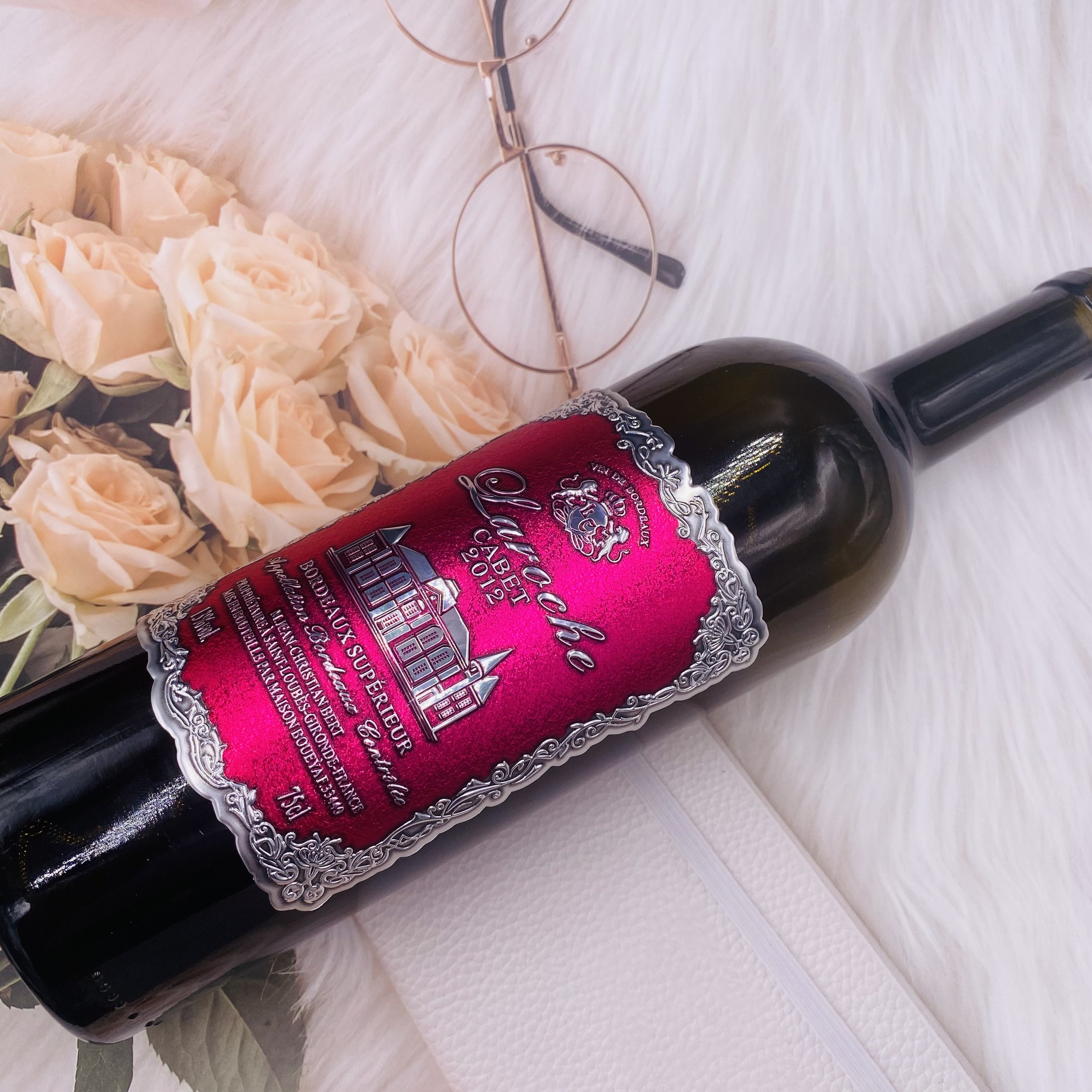 Custom Embossed 3D Wine Rose Red Exquisite Matte Waterproof DIY Metal Crafts adhesive waterproof labels sticker for wine bottle