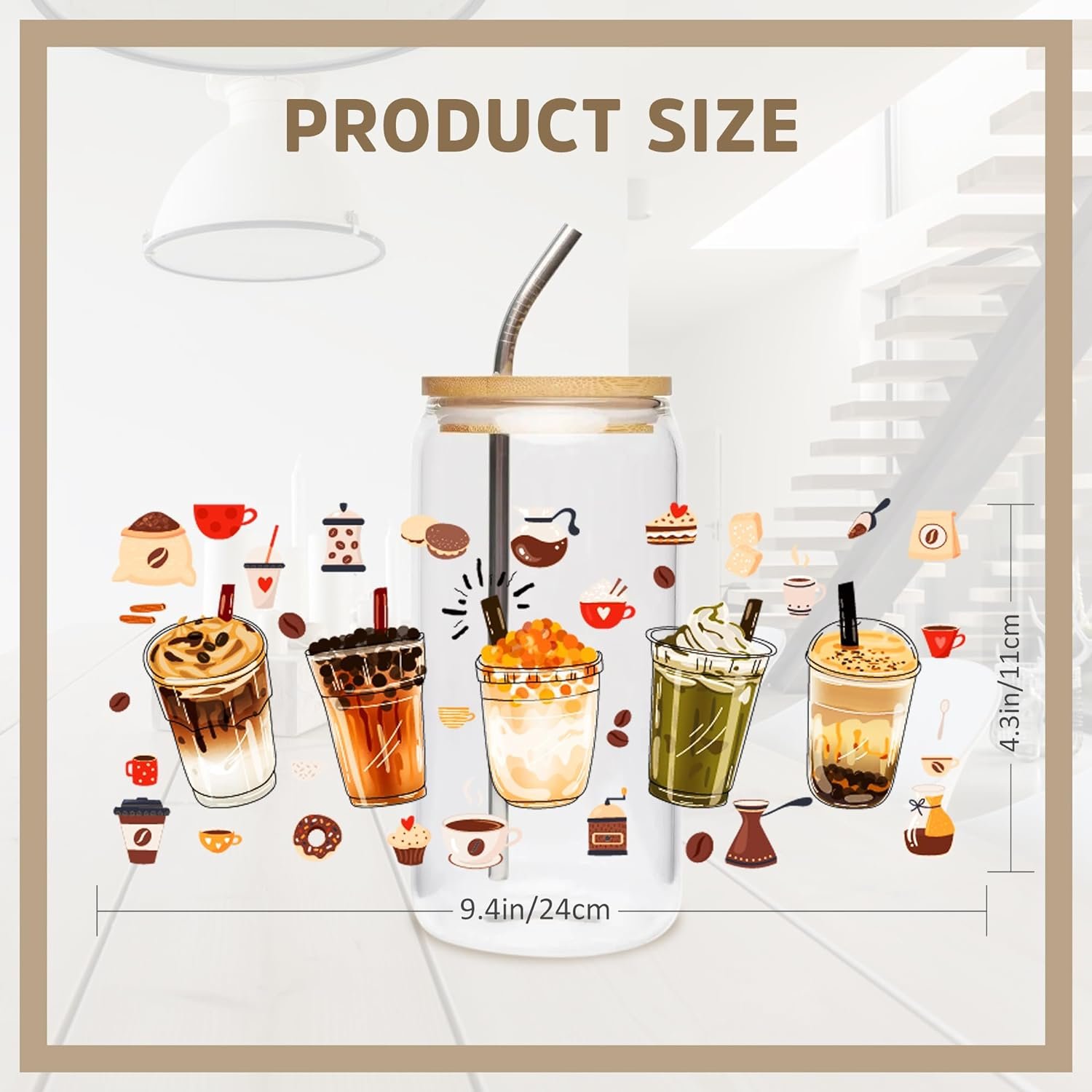 UV DTF Cup Wrap Transfer Stickers for Glass Cup Decal Stickers for 16OZ Glass Cups Furniture Craft Wood DIY Crafts Coffee Theme