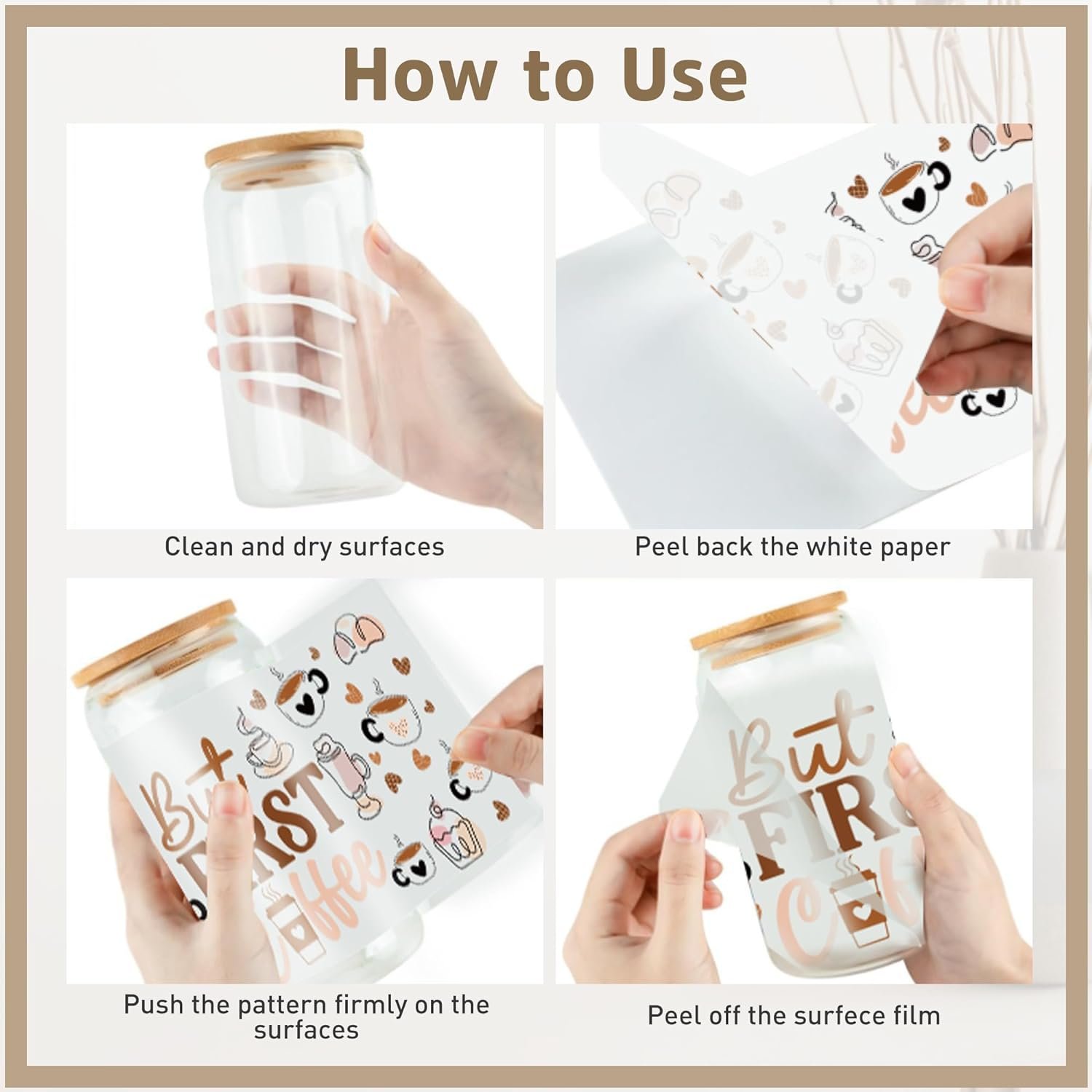 UV DTF Cup Wrap Transfer Stickers for Glass Cup Decal Stickers for 16OZ Glass Cups Furniture Craft Wood DIY Crafts Coffee Theme