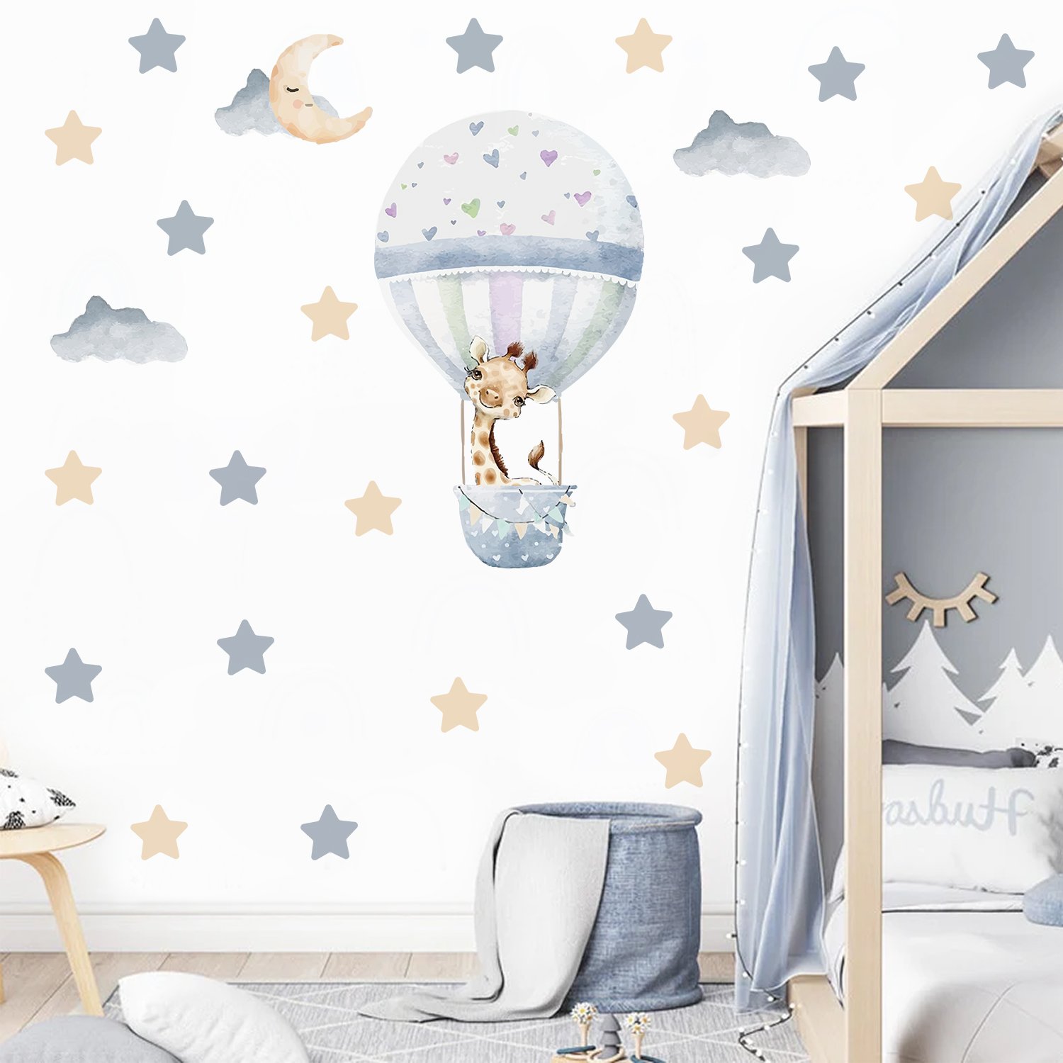 Funlife PY074 cartoon light blue hot air balloon with giraffe wall decoration for baby room wall sticker