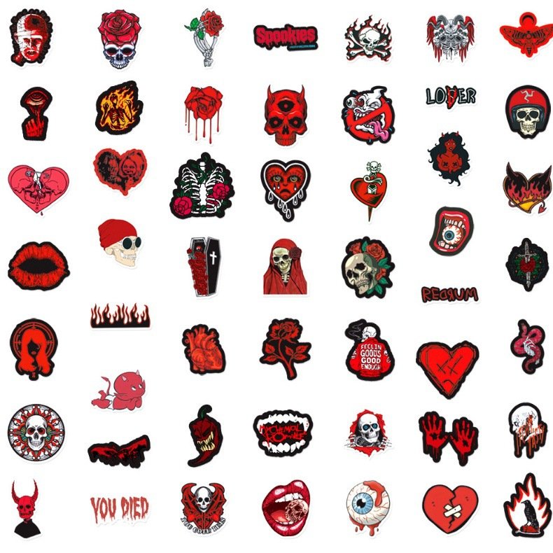 50 Black And Red Gothic Stickers Horror Thriller Decoration Notebook Water Cup Waterproof Graffiti Stickers Stickers