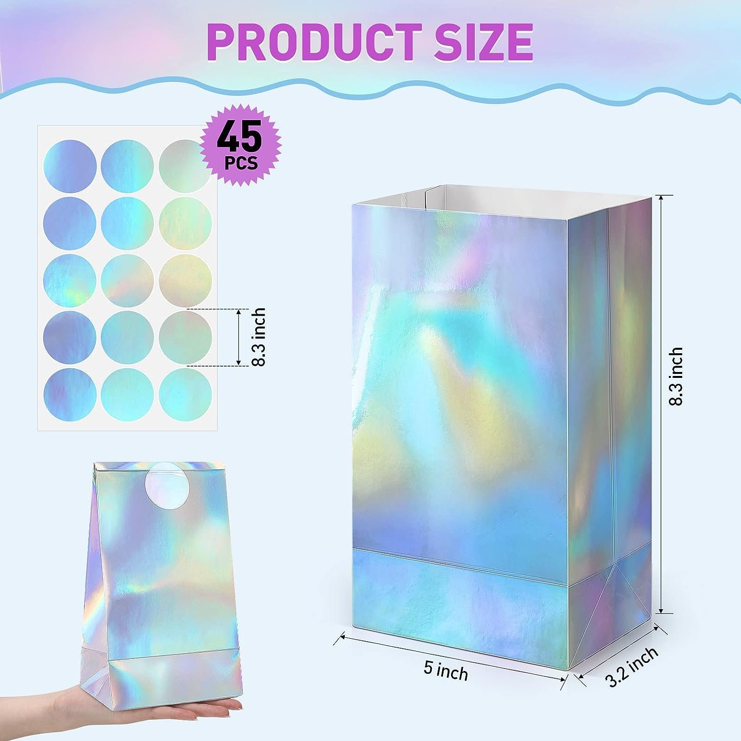 Hot Selling Custom Logo Fancy Holographic Paper Gift Packaging Bag With Custom Stickers