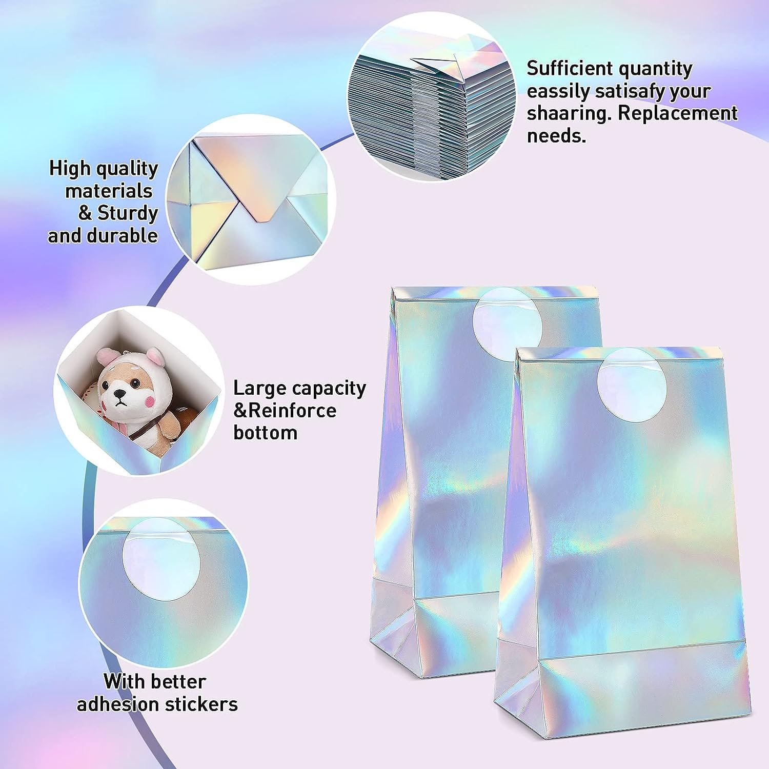 Hot Selling Custom Logo Fancy Holographic Paper Gift Packaging Bag With Custom Stickers