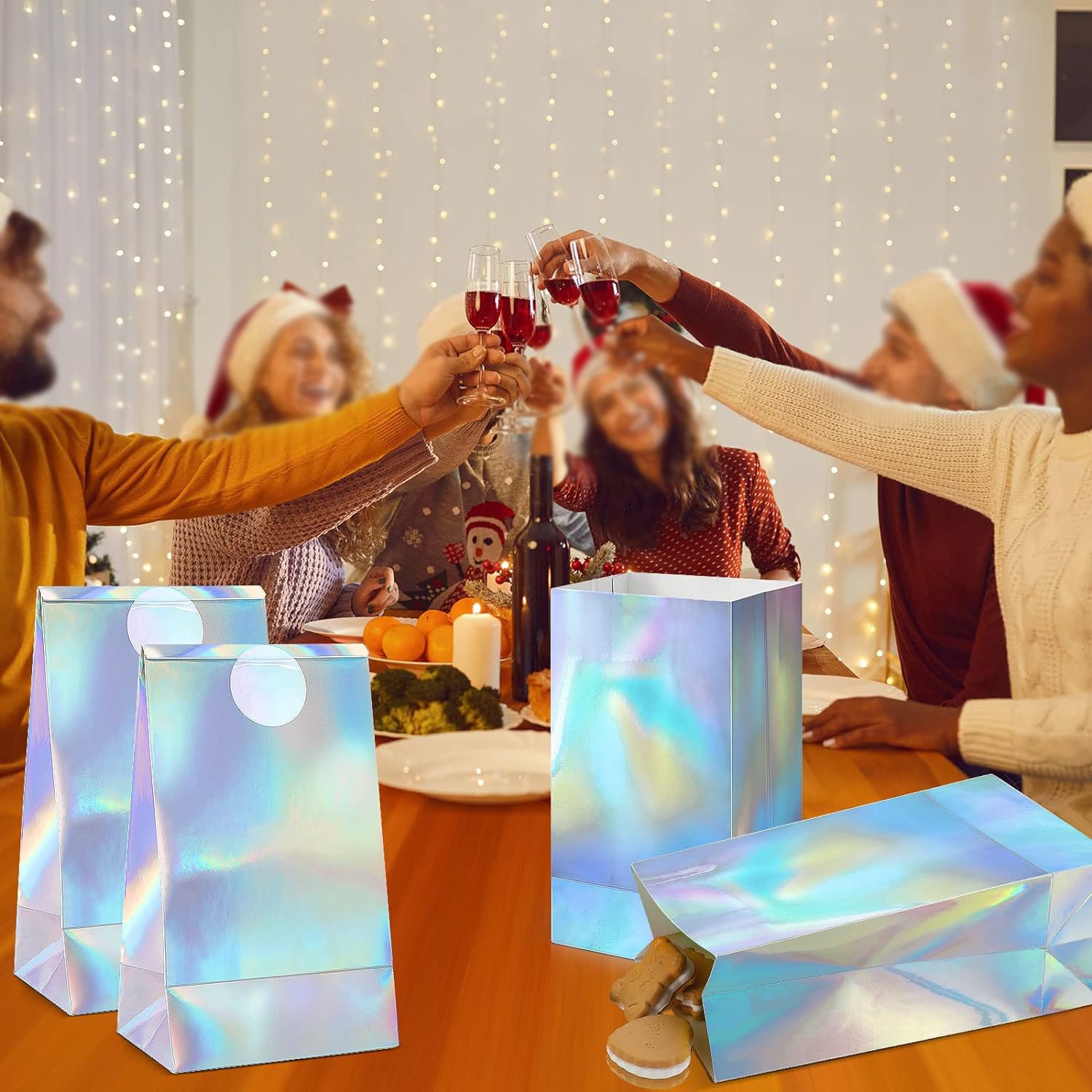 Hot Selling Custom Logo Fancy Holographic Paper Gift Packaging Bag With Custom Stickers