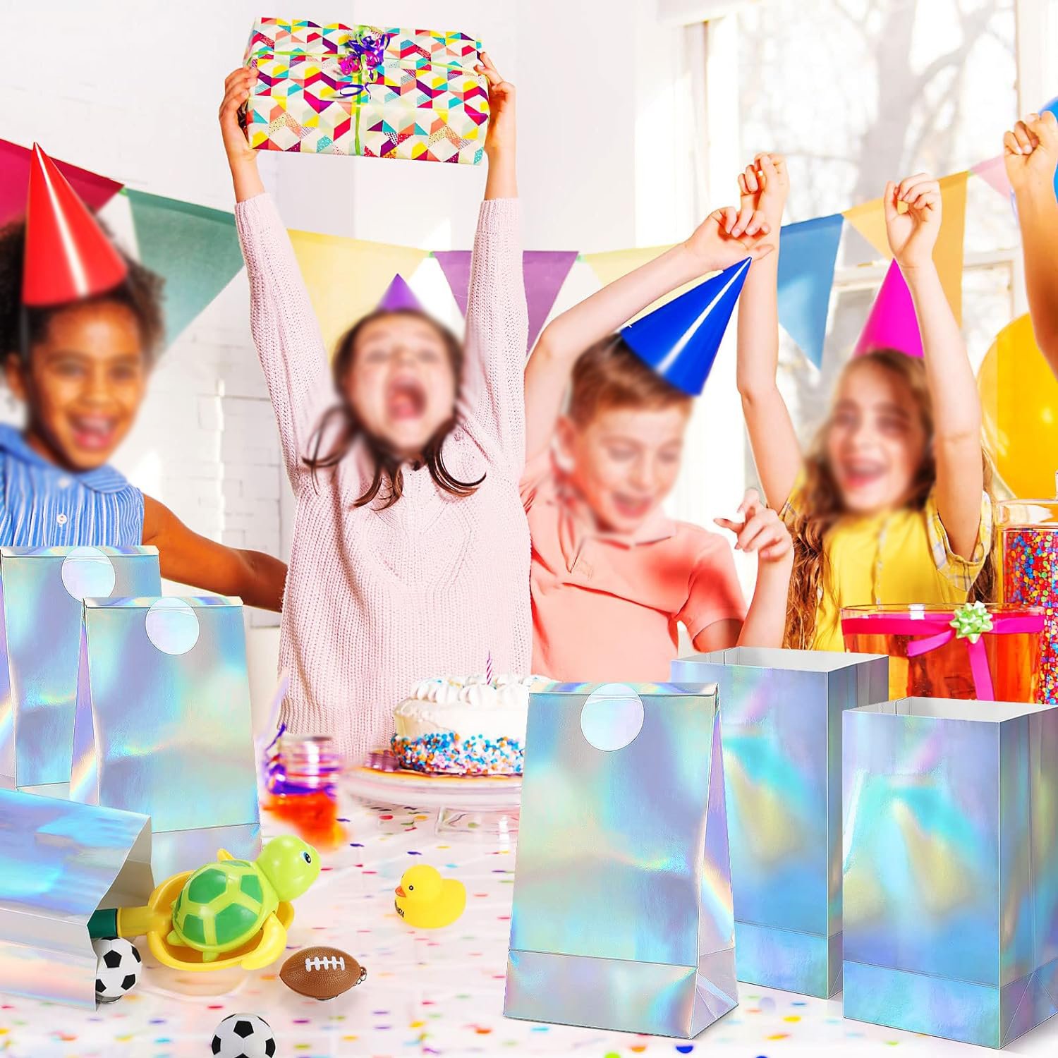 Hot Selling Custom Logo Fancy Holographic Paper Gift Packaging Bag With Custom Stickers