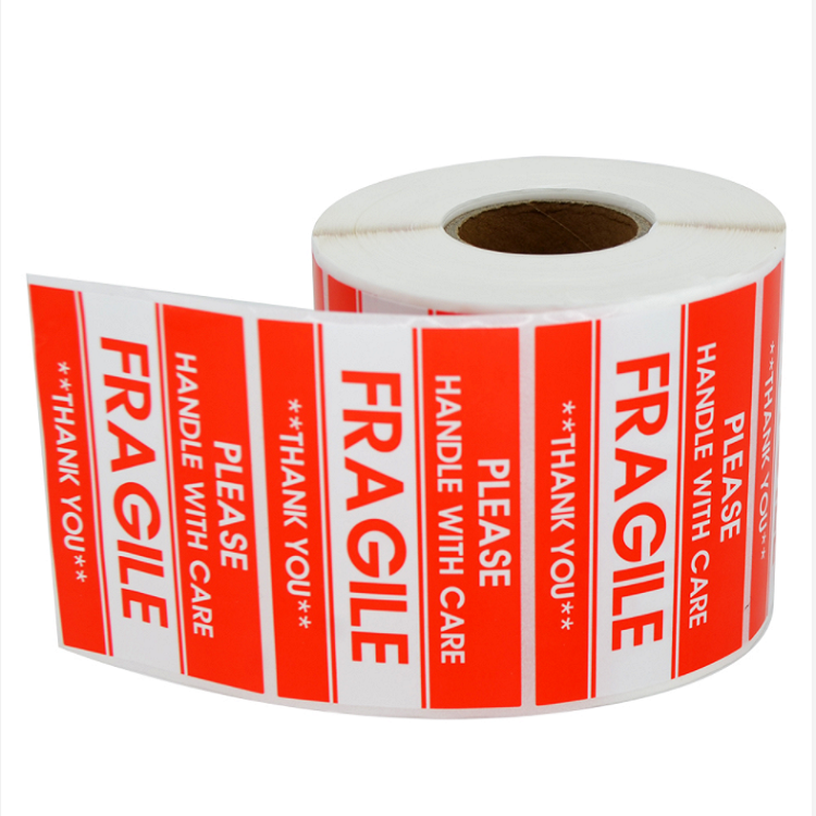 Wholesale red fragile warning label self-adhesive waterproof with gloss lamination labels sticker rolls for shipping label