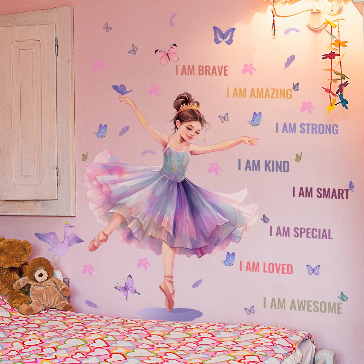 Creative dance girl 3d butterfly decoration family motto die cut water proof stickers for girls room living room