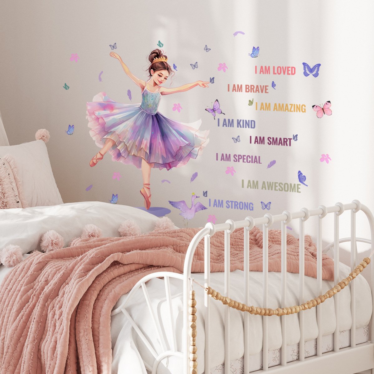 Creative dance girl 3d butterfly decoration family motto die cut water proof stickers for girls room living room
