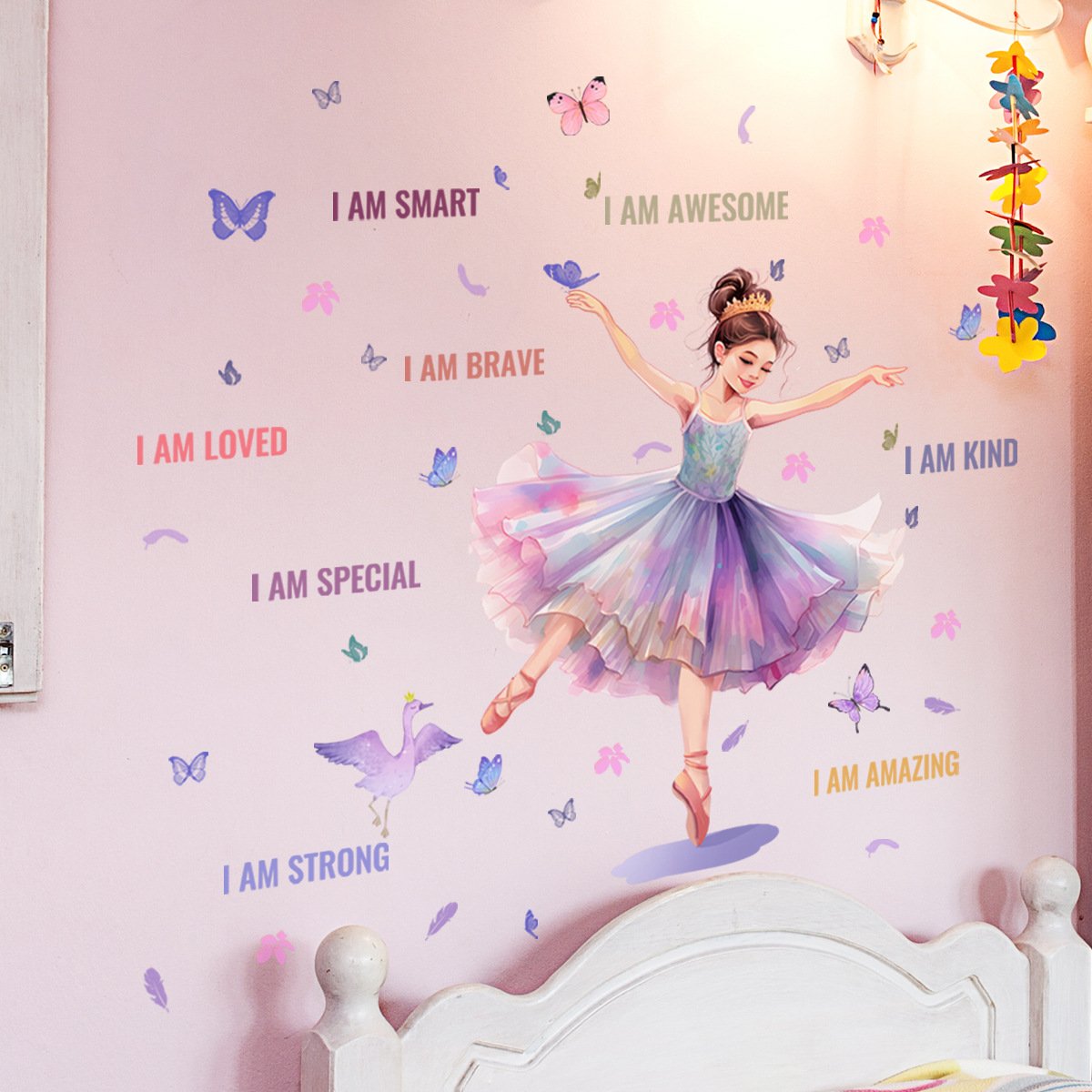 Creative dance girl 3d butterfly decoration family motto die cut water proof stickers for girls room living room