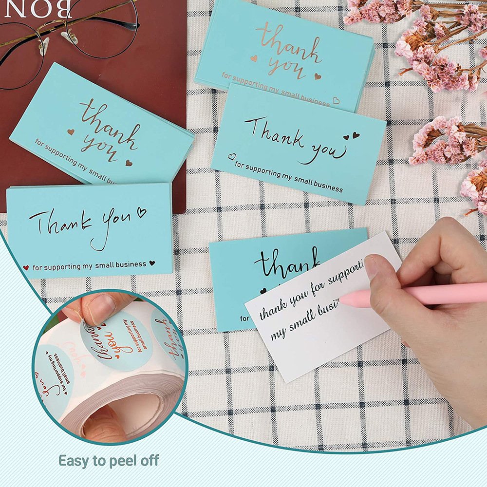 500pcs Roll 1.5 inch Blue Labels Gold Foil Thank You Stickers and Cards for Small Business