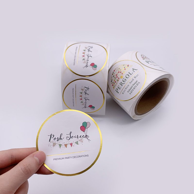 Custom Vinyl Printing Roll Personalized Logo Adhesive Gold Foil Transparent Labels Stickers