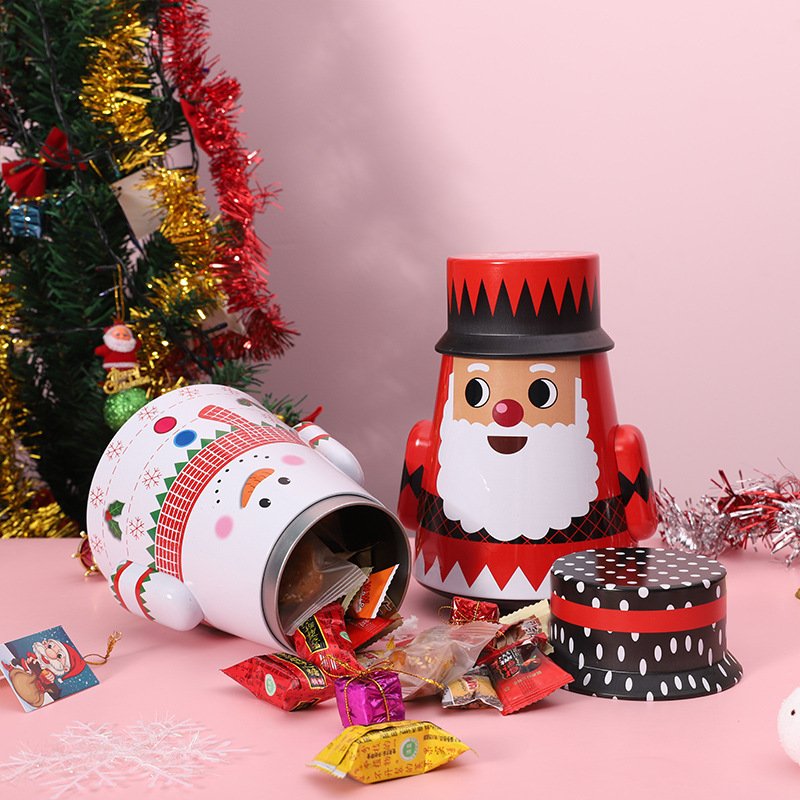 Santa Snowman Tumbler Eve Christmas Metal Tin Box For Gift Candy Cookie Package