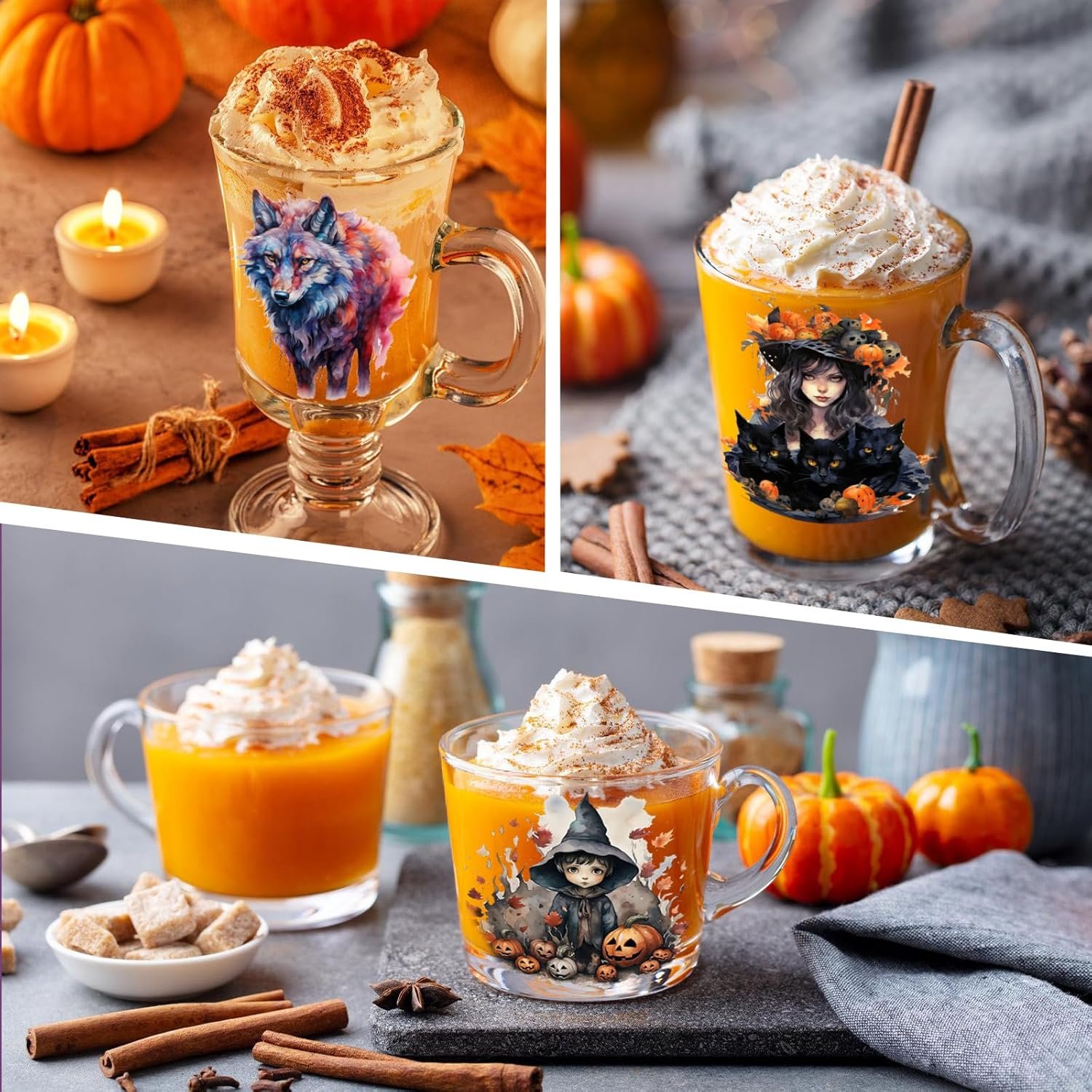 Halloween UV DTF cup wraps for 16OZ Libbey Glass Cups Pumpkin Witch Elf Werewolf Decals Rub on Transfers Stickers for DIY Crafts