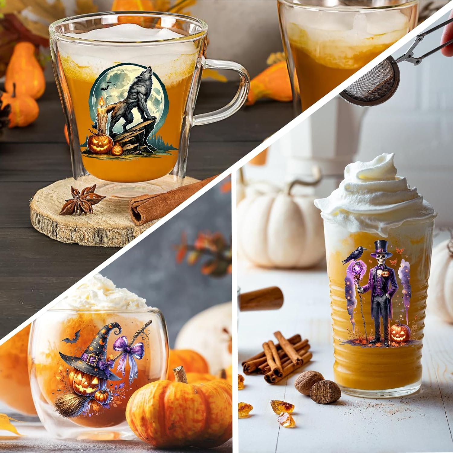 Halloween UV DTF cup wraps for 16OZ Libbey Glass Cups Pumpkin Witch Elf Werewolf Decals Rub on Transfers Stickers for DIY Crafts