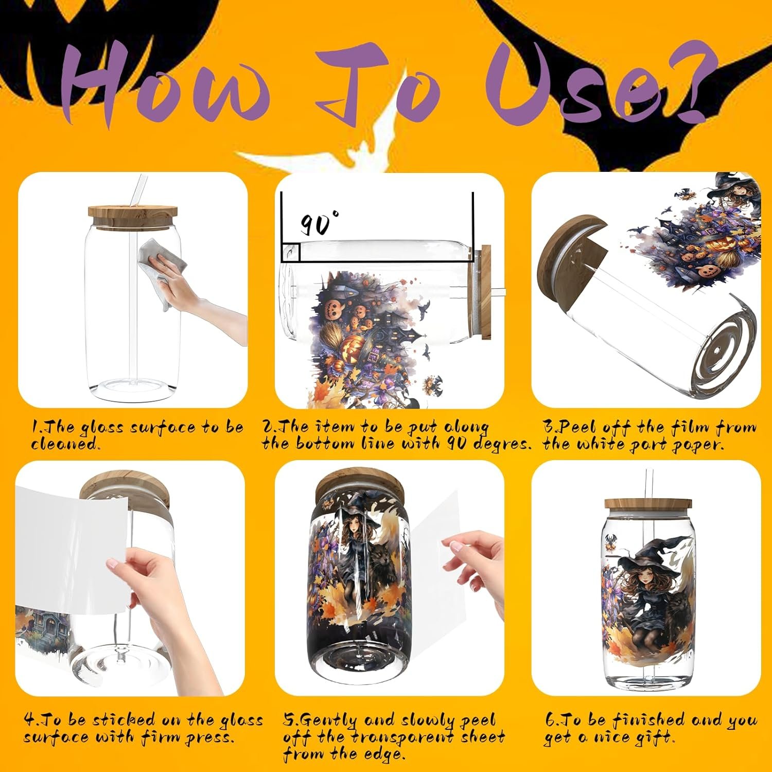 Halloween UV DTF cup wraps for 16OZ Libbey Glass Cups Pumpkin Witch Elf Werewolf Decals Rub on Transfers Stickers for DIY Crafts