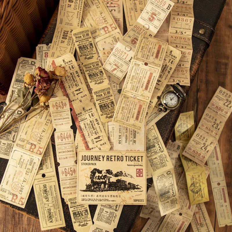 50pieces/pack Retro Strip Ticket Sticker Package Journey Ticket Series Journal Material Stickers Decoration 8Models