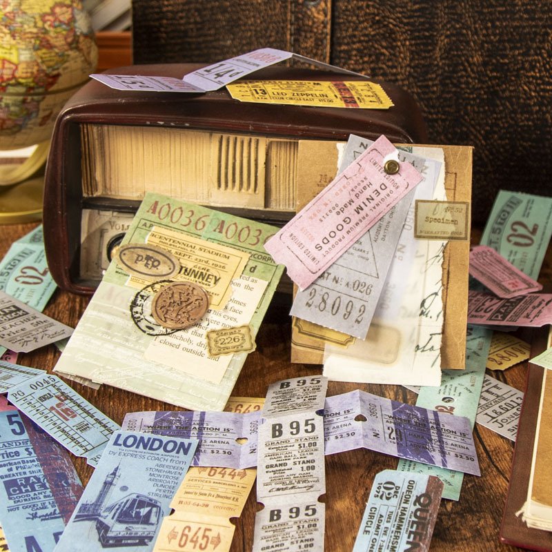 50pieces/pack Retro Strip Ticket Sticker Package Journey Ticket Series Journal Material Stickers Decoration 8Models