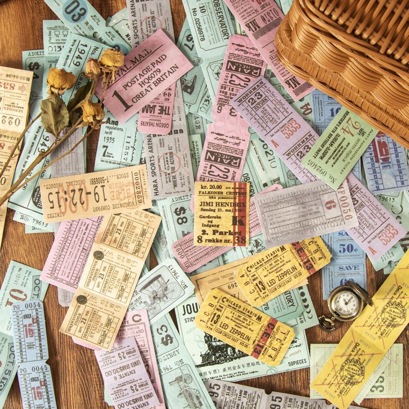 50pieces/pack Retro Strip Ticket Sticker Package Journey Ticket Series Journal Material Stickers Decoration 8Models
