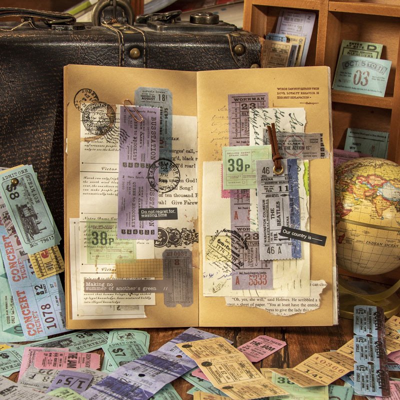 50pieces/pack Retro Strip Ticket Sticker Package Journey Ticket Series Journal Material Stickers Decoration 8Models