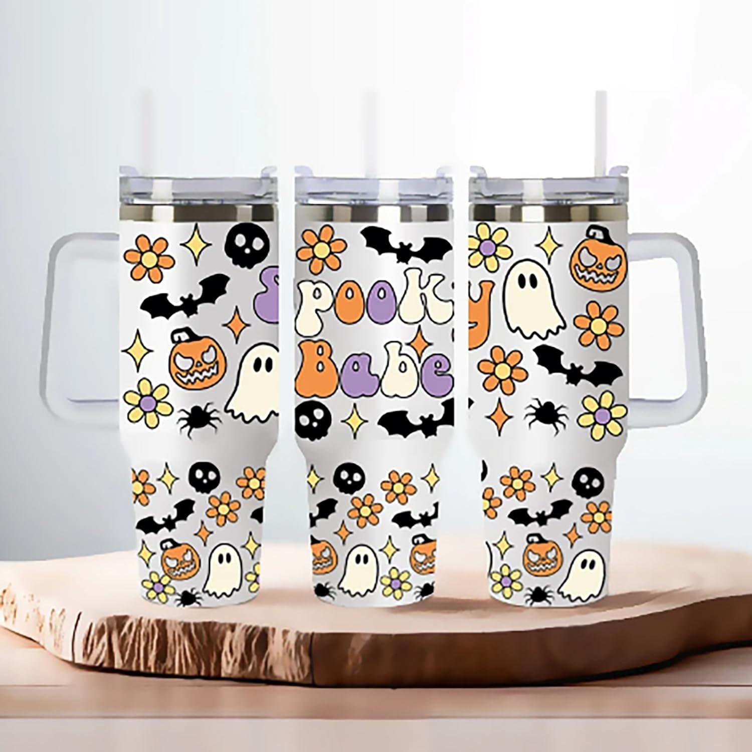 Halloween UV DTF Cup Wrap Cute Flower Ghost Pumpkin Rub on Transfers for Crafting Cute Cartoon Waterproof Sticker for 16OZ Glass