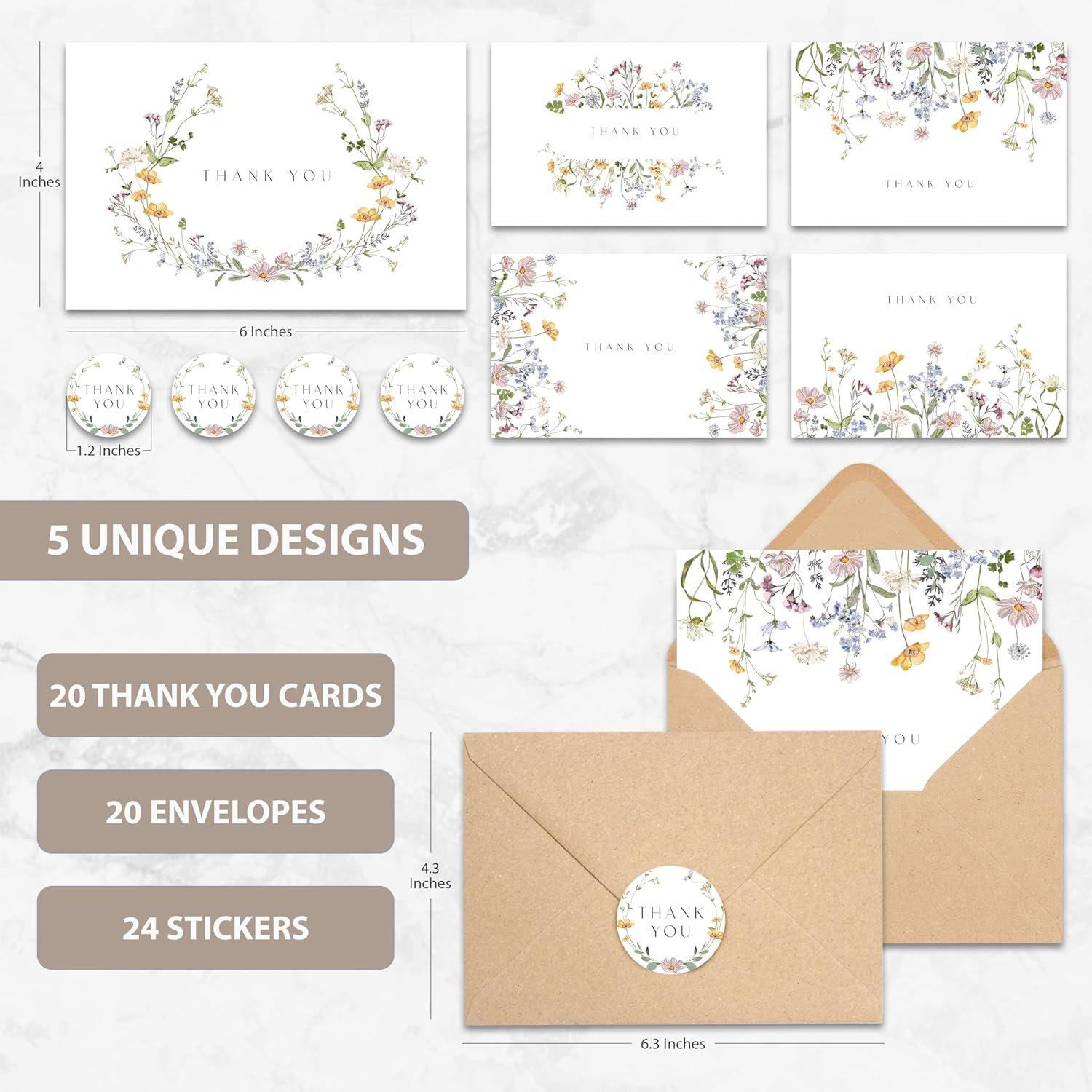 Custom Floral Thank You Notes Wildflower Thank You Cards With Adhesive Envelope and Stickers for Special Gift