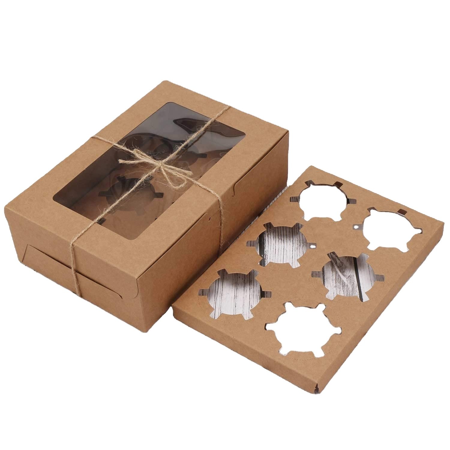 Custom food grade paper cupcake box with transparent window 6 hole cupcake box with sticker