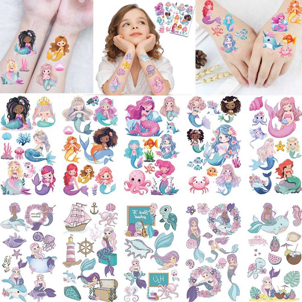 10 Sheets Cartoon mermaid Waterproof Temporary Tattoo Stickers finger face Tatoo girl Kids Party Favors toys Gifts wholesale