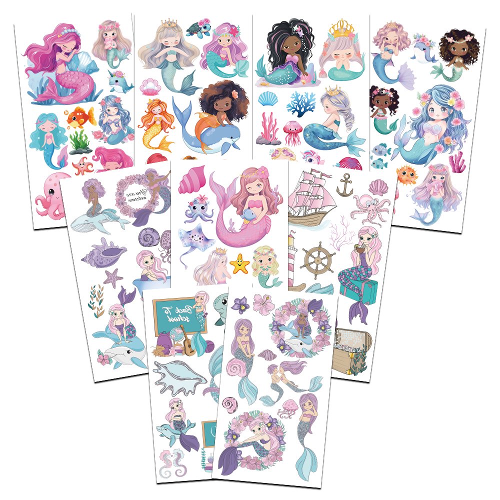 10 Sheets Cartoon mermaid Waterproof Temporary Tattoo Stickers finger face Tatoo girl Kids Party Favors toys Gifts wholesale