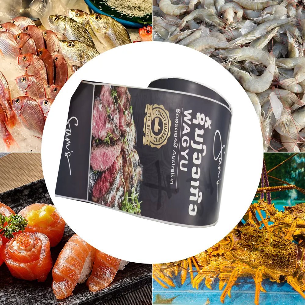 Custom Printing Recycled Paper Compostable Frozen PLA Label Waterproof Adhesive Meat Sticker Packaging Sleeve for Frozen Foods
