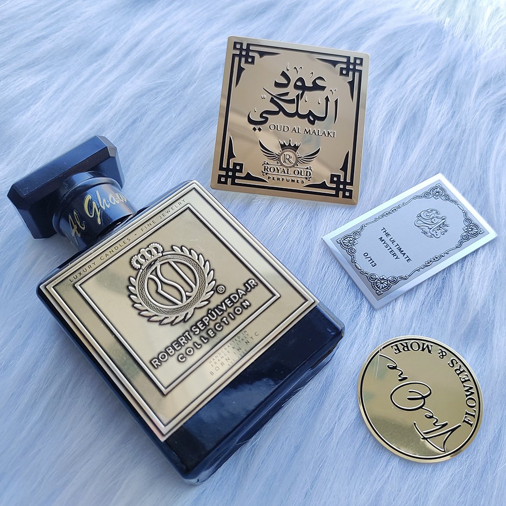 Customized Logo Metal Perfume private label cosmetics logo transfer embossed card perfume metal stickers