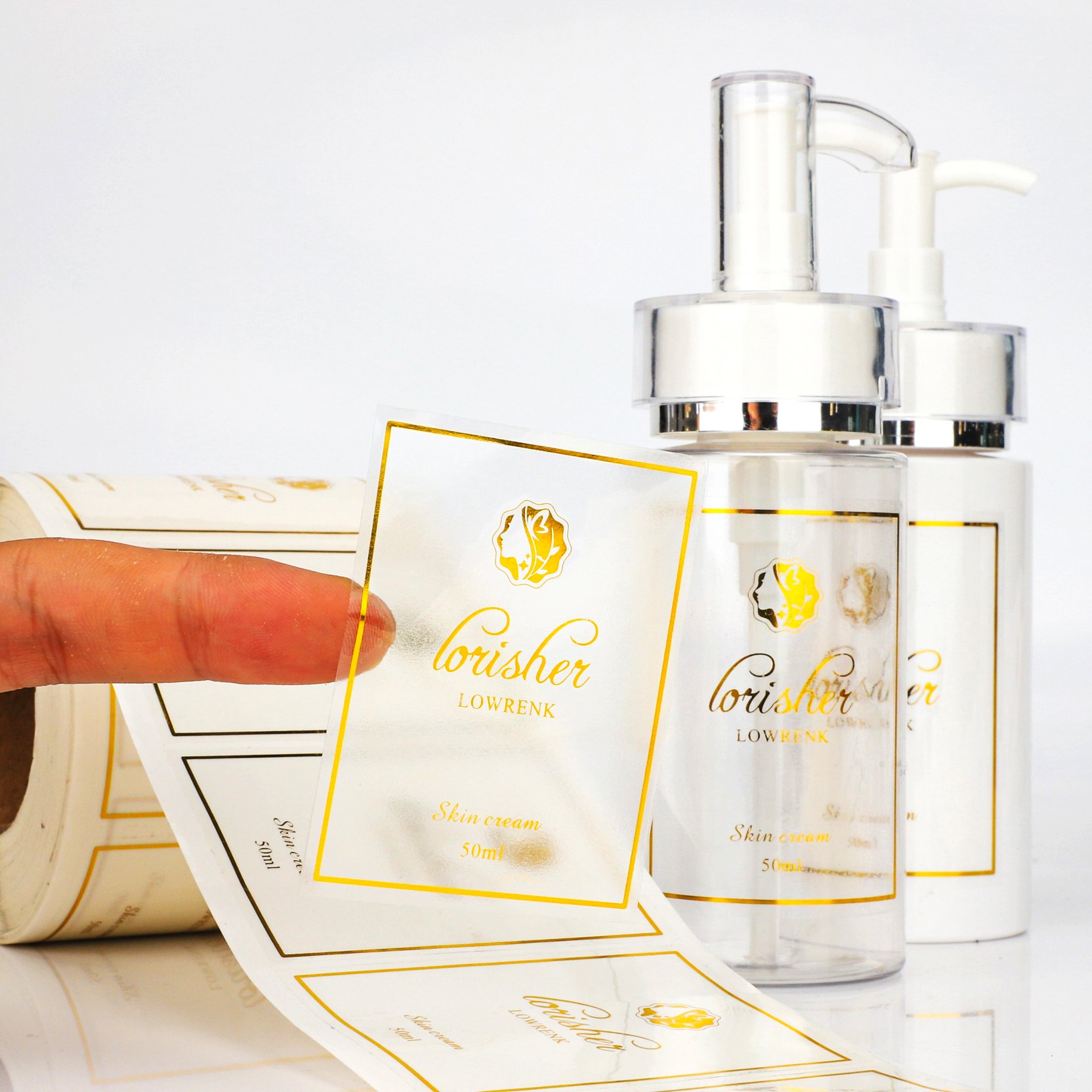 Etiquettes Adhesive Customized Print Logo Waterproof Gold Foil Cosmetic Clear Bopp Labels Custom Text Logo Transparent Stickers
