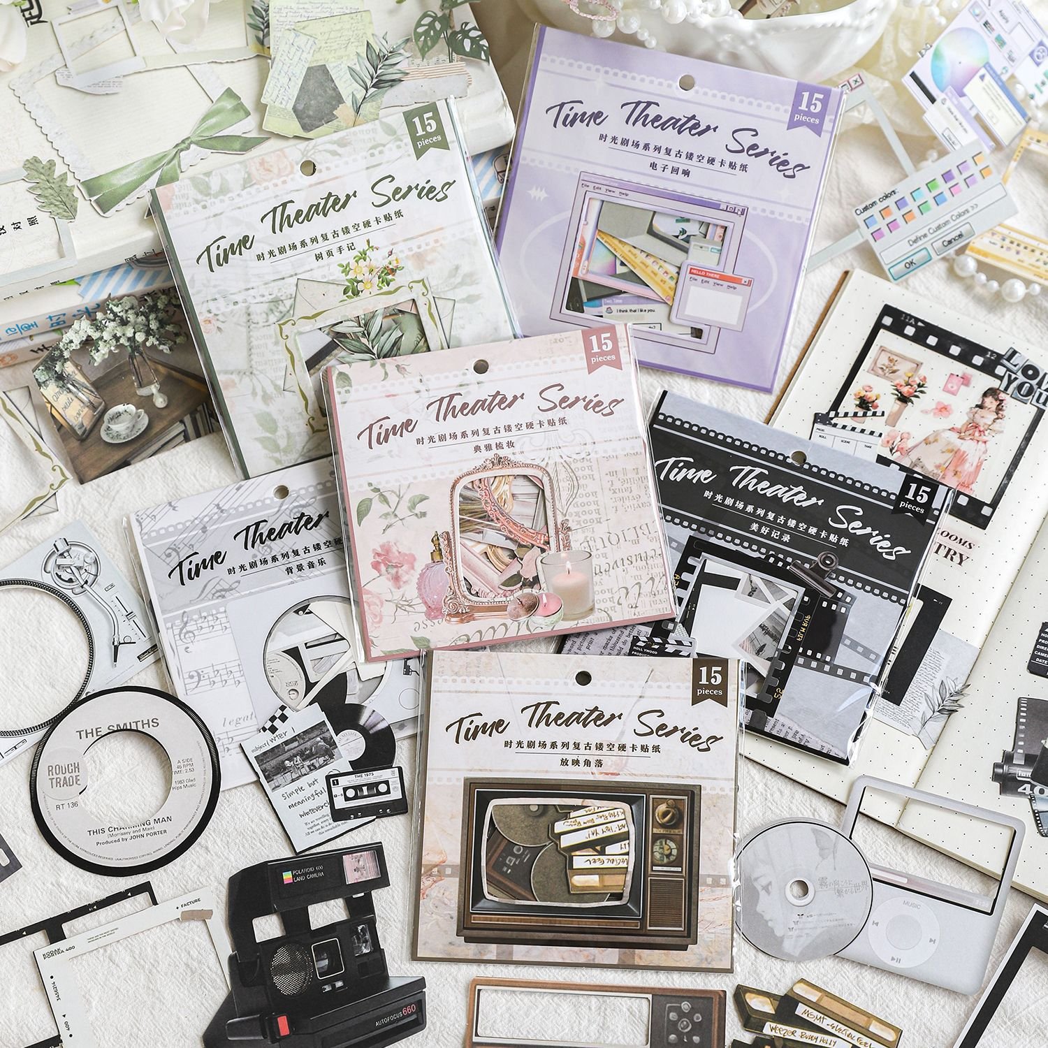 15 stickers/pack Time Theater series retro hollow hand account DIY material decoration stickers 6 styles