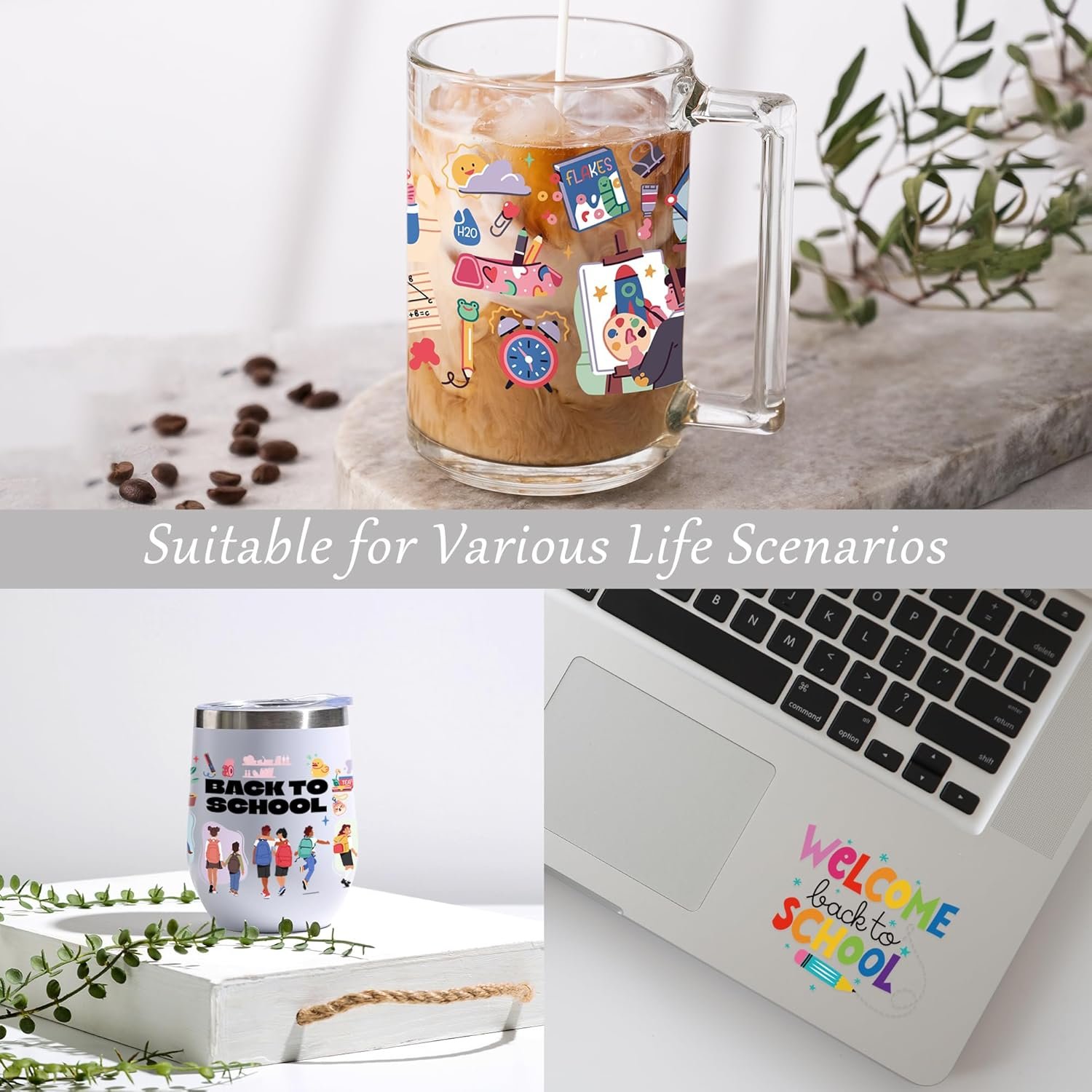UV DTF Cup Wraps for 16oz Glass Cup Back to School Student School Stickers Waterproof Wipeable School Book Pencil Ruler Sticker