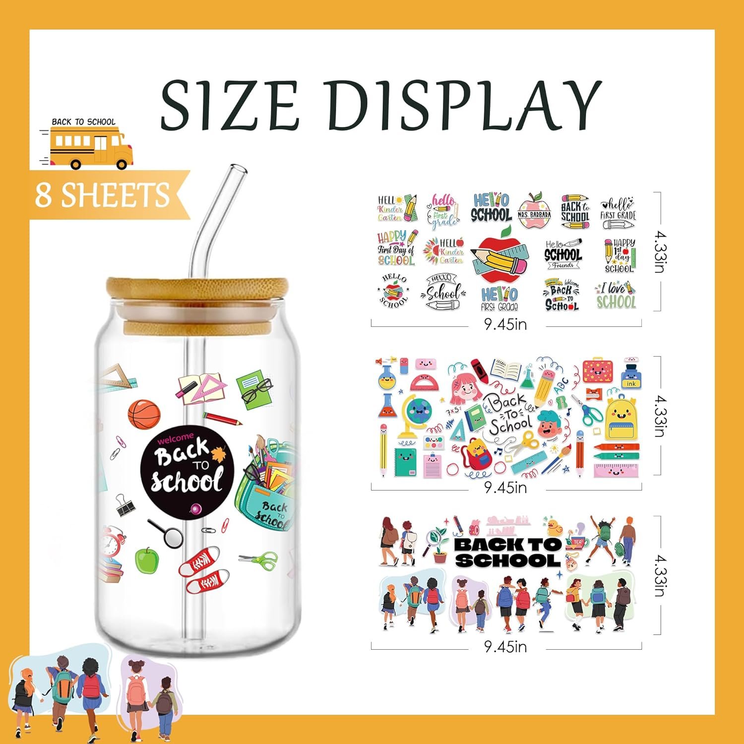 UV DTF Cup Wraps for 16oz Glass Cup Back to School Student School Stickers Waterproof Wipeable School Book Pencil Ruler Sticker