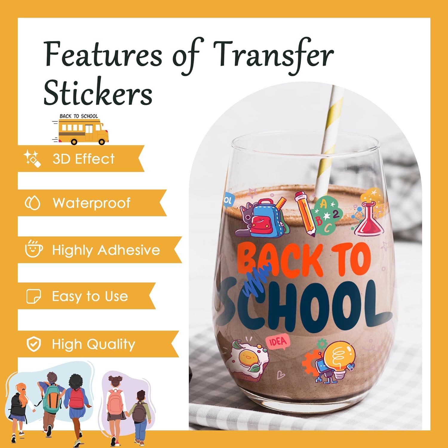 UV DTF Cup Wraps for 16oz Glass Cup Back to School Student School Stickers Waterproof Wipeable School Book Pencil Ruler Sticker