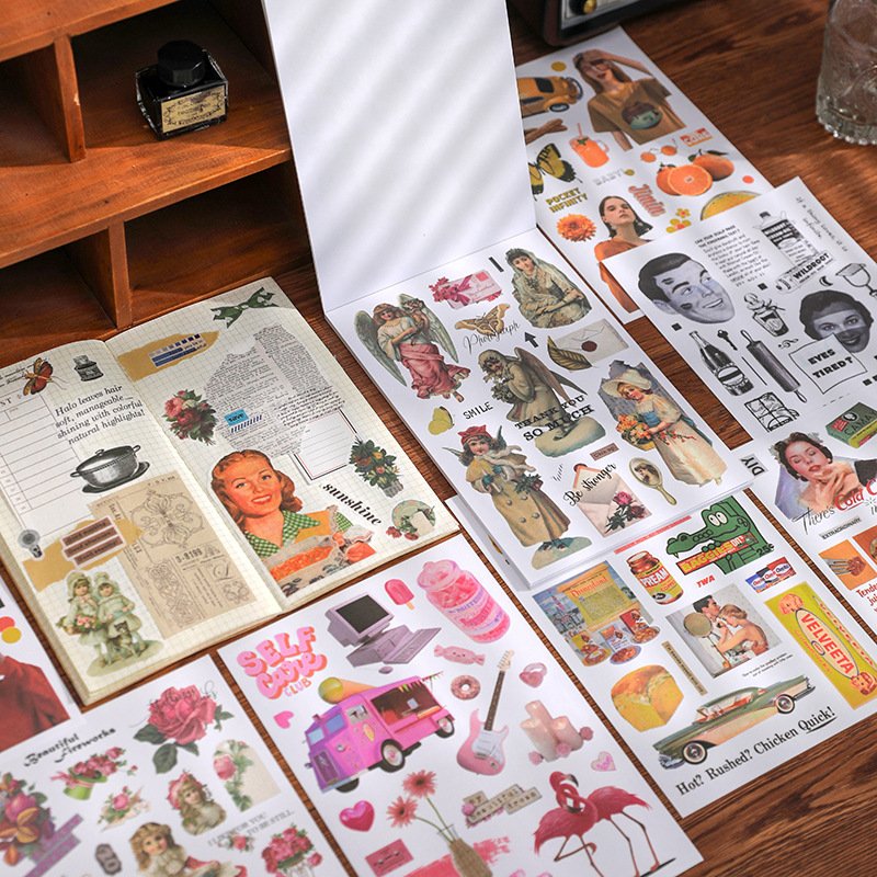 20 Sheets/Book Retro Modern Memory Book Decorative Stickers Washi Paper Journals Nostalgic Plants People DIY Scrapbooks Stickers